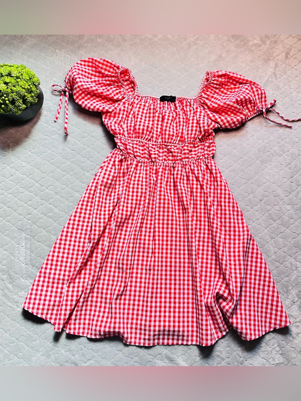 🍒Cottagecore Gingham Puff Sleeve Babydoll Dress Saint Red White Charming size L